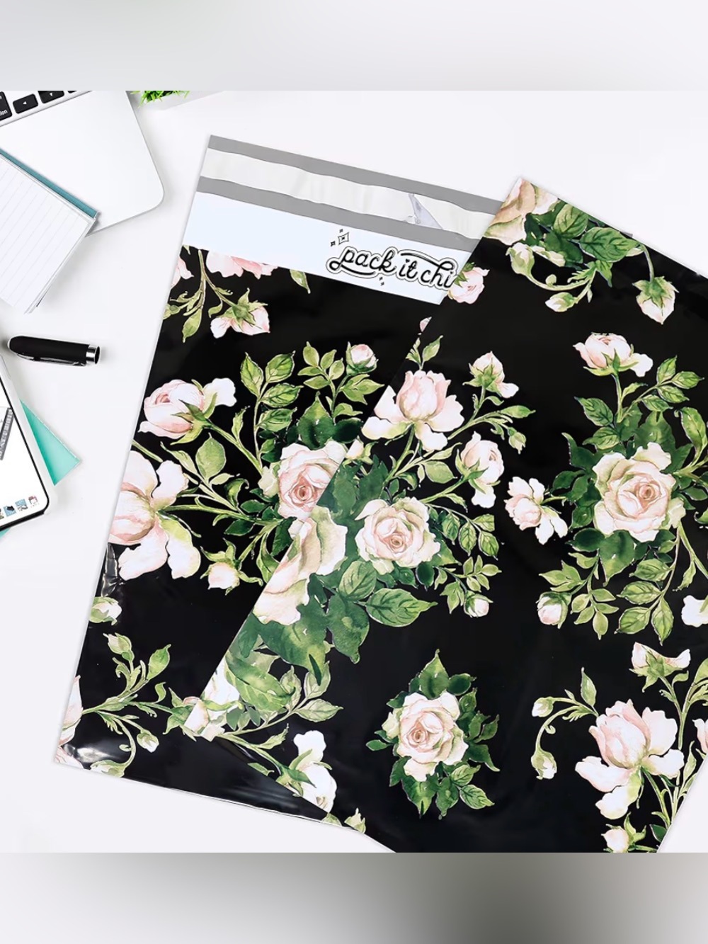 Floral 10” x 13” Black with Pink Roses Poly Mailers Set of 10